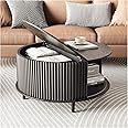 JOINICE,Round Coffee Table with Storage, Mid Century Modern Center Table with Sliding Cabinet Door, Fluted Dining Table for Living Room, Home Small Space, 31.5", Black