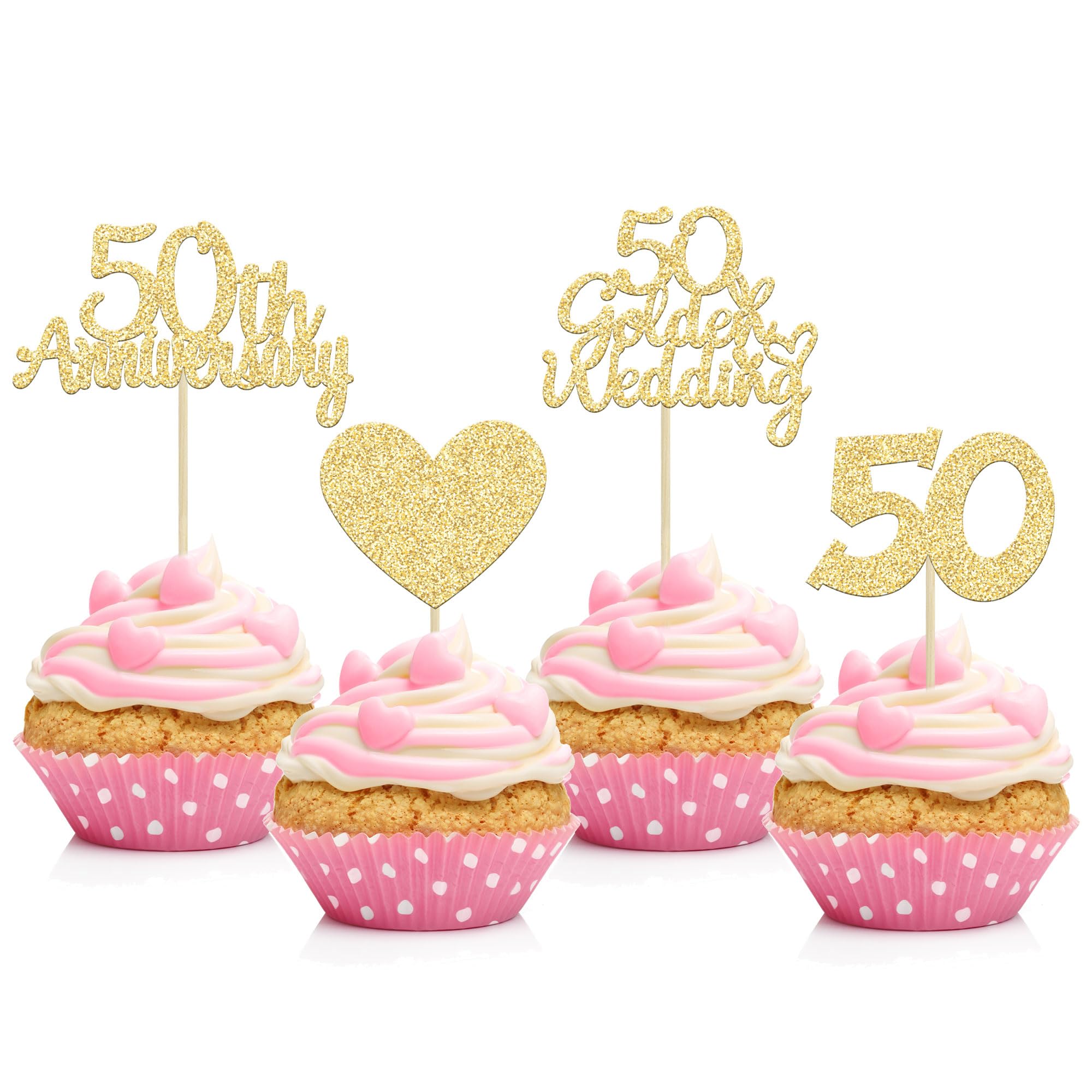 Gyufise 24pcs 50th Golden Wedding Anniversary Cupcake Toppers - Gold Glitter Heart Cake Decoration for Celebration Party Supplies