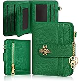 Bistup Wallet for Women Cute Small Card Wallet Genuine Leather Rfid with Keychain for Ladies Teen Girls Female Girly Aesthetic Green Designer Unique Kawaii Pretty Modern Bifold Credit Card Holder