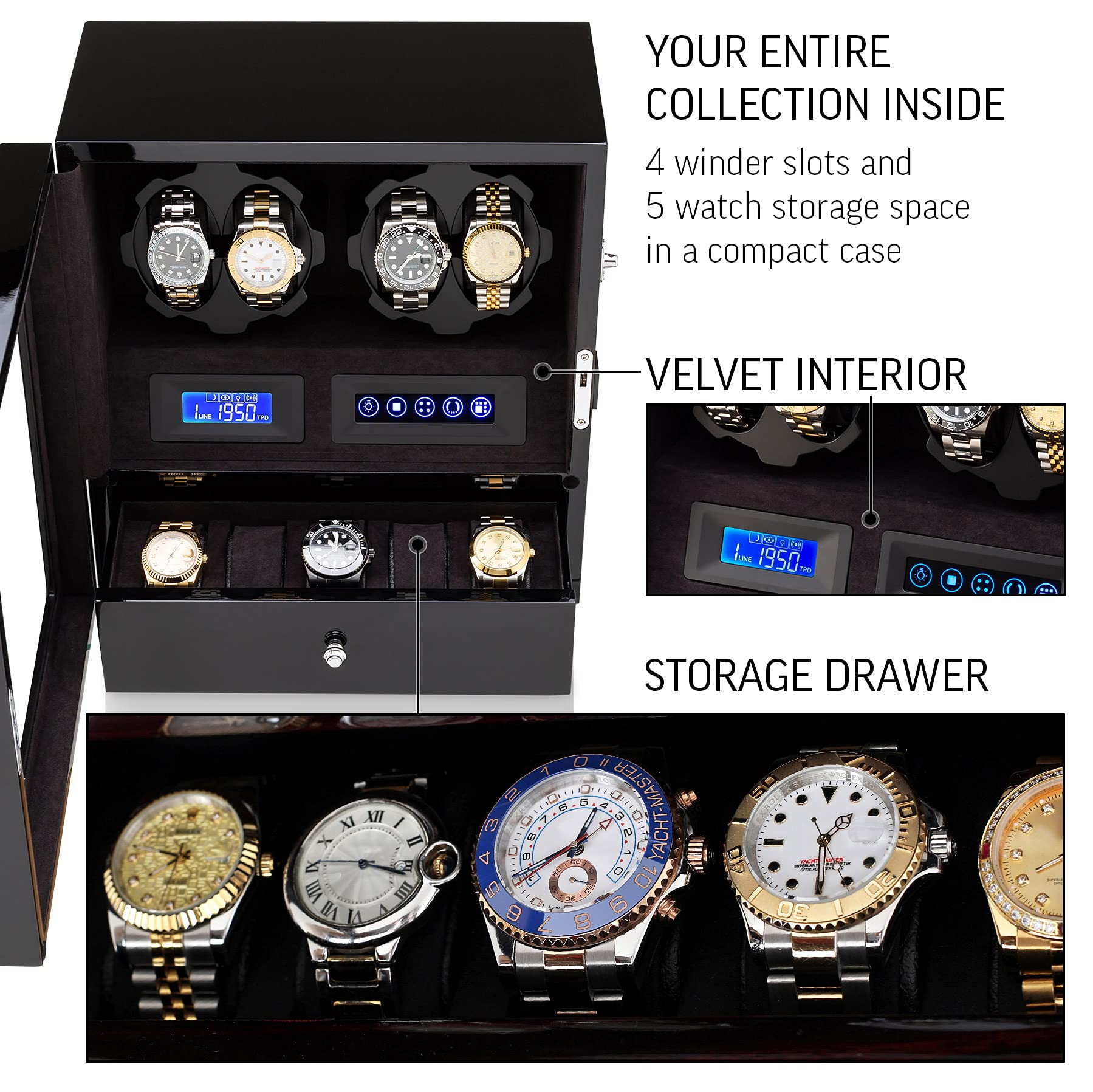 4 Watch Winder with 5 Watch Storage Space, LCD Display, Touch Control and Interior Light