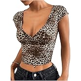 Floerns Women's Leopard Print Cap Sleeve T Shirts V Neck Y2k Crop Top Tee Shirts