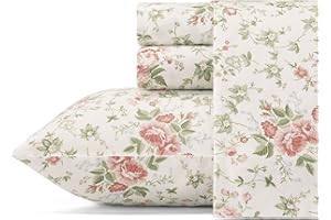 Laura Ashley - Queen Sheets, Soft Sateen Cotton Bedding Set - Sleek, Smooth, & Breathable Home Decor (Lilian Coral, Queen)