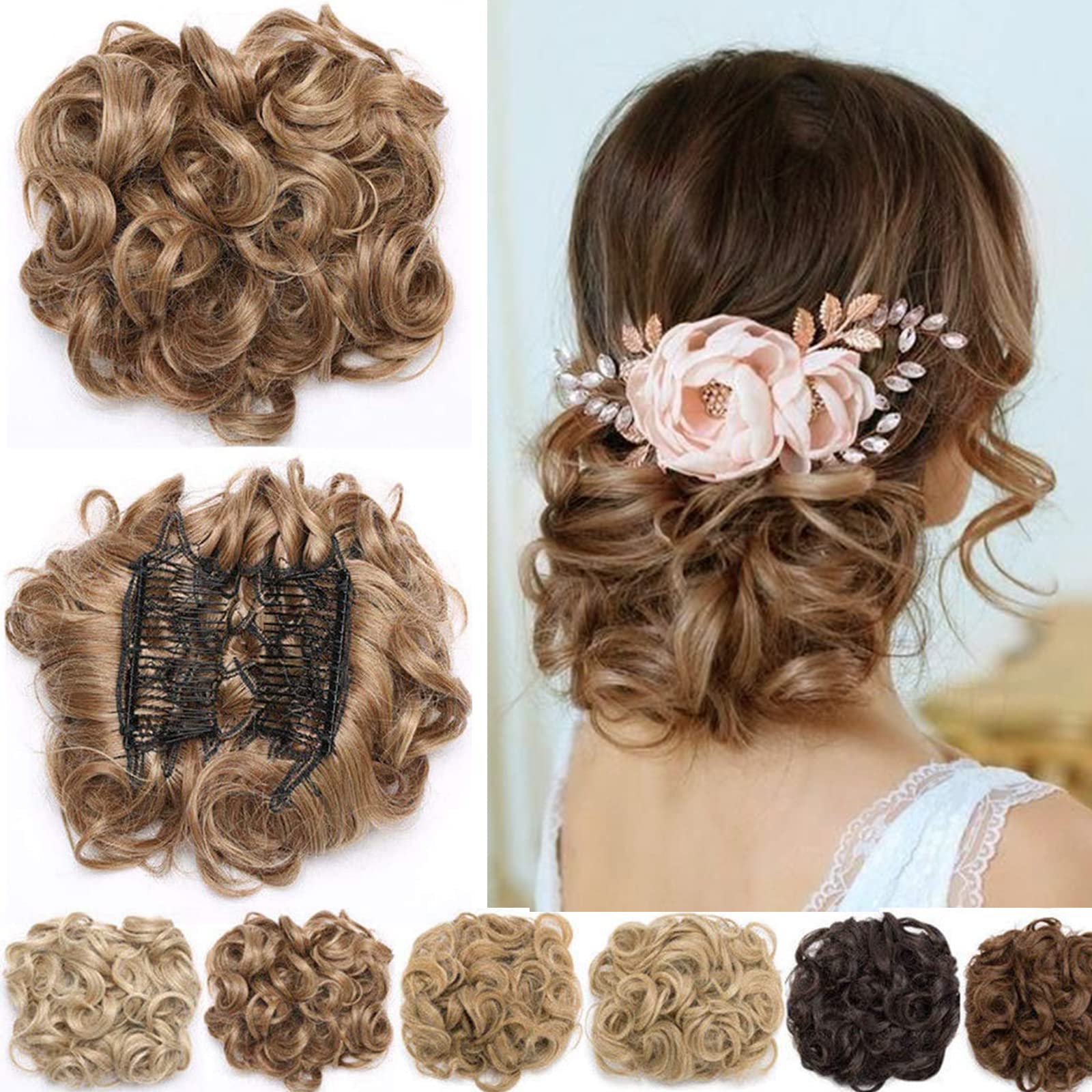Short Combs Messy Curly Wavy Hair Extensions Bun Piece Up Do Drawstring Ponytail Clip in Comb Hair Extensions Chignon Light Brown mix Ash Blonde