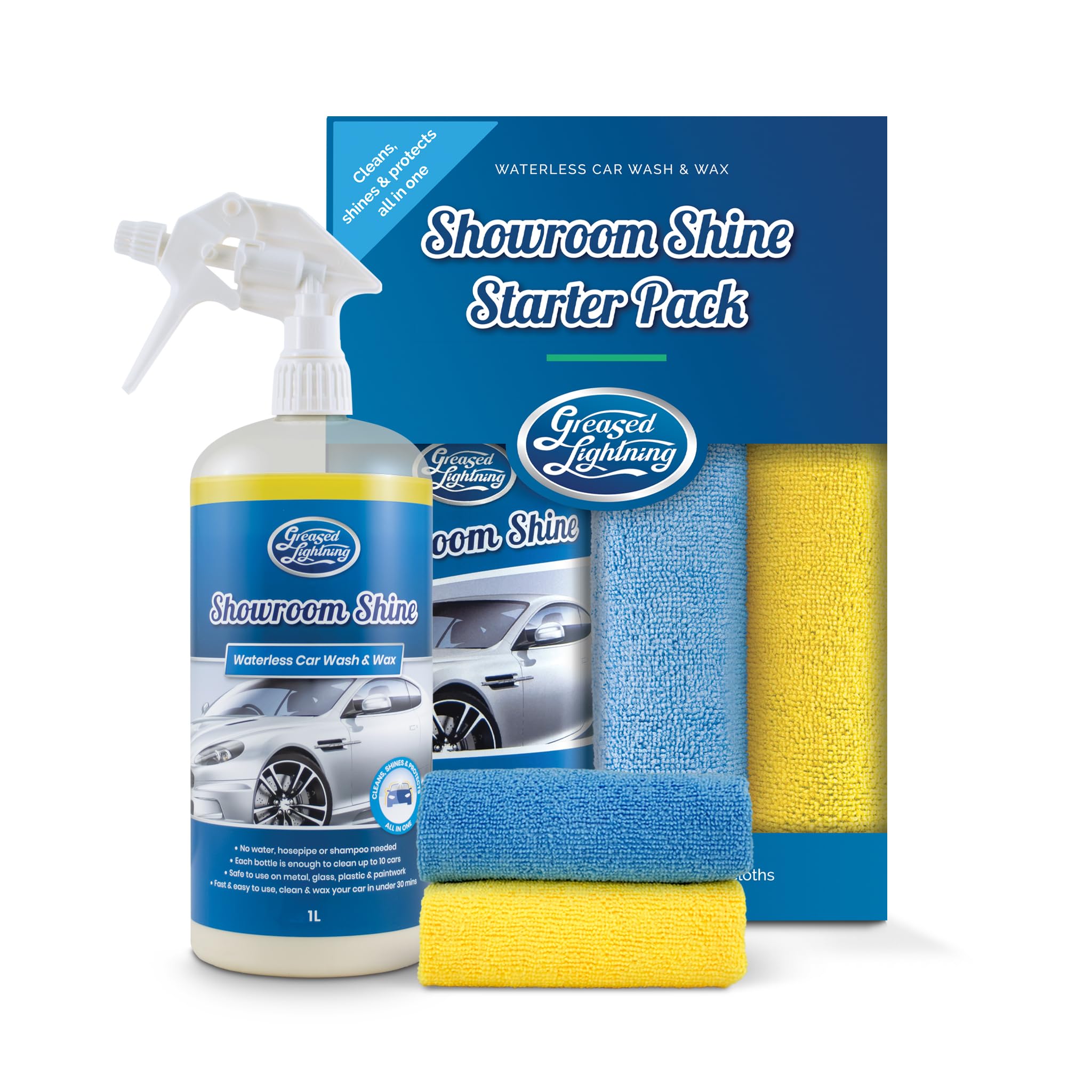 Greased Lightning Showroom Shine Waterless Car Wash and Wax, Easy and Fast, No Water, Premium Shine, Protects and Cleans, For Cars, Caravans, Motorbikes - 1 Litre & 2 Cloths