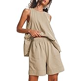 Tomosc Womens 2 Piece Lounge Set Casual Summer Outfits Sleeveless Tank Top and Elastic Waist Shorts with Pockets