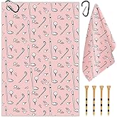 Swooflia Golf Towel with Clip for Golf Club Bags for Men Women Golfers Accessories, Cute Balls Clubs Pattern Microfiber Large Golfing Rag with 4 PCS Golf Tees