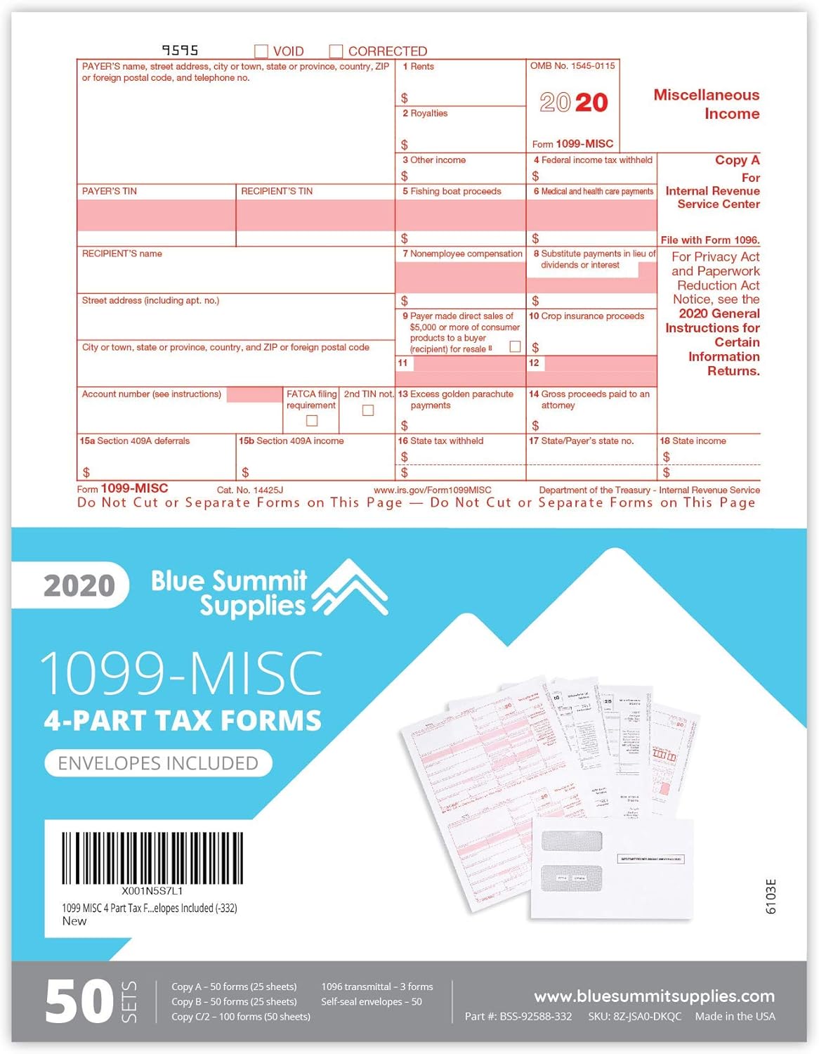 1099 MISC Forms 2020, 4 Part Tax Forms Kit, 50 Vendor Kit of Laser Forms, Compatible with QuickBooks and Accounting Software, 50 Self Seal Envelopes Included : Office Products