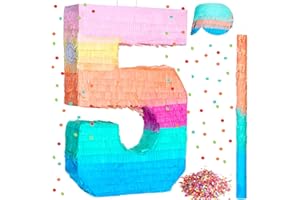 Jenaai 16 Inch Number Piñata Kids Birthday Party Macaron Piñata with Blindfold Stick and Confetti for Unicorn Birthday Wedding Baby Shower Decor(Number 5)