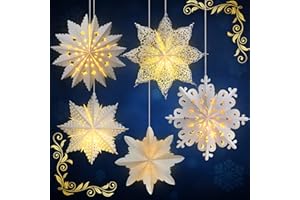 Mudder 5 Pieces Large Christmas Snowflake Paper Lantern with 7 Light 23.6/17.7 Inch Star Paper 3D Hanging Lantern Lamp Party Decoration for Weddings Holiday Xmas Trees(Fresh Style,White)