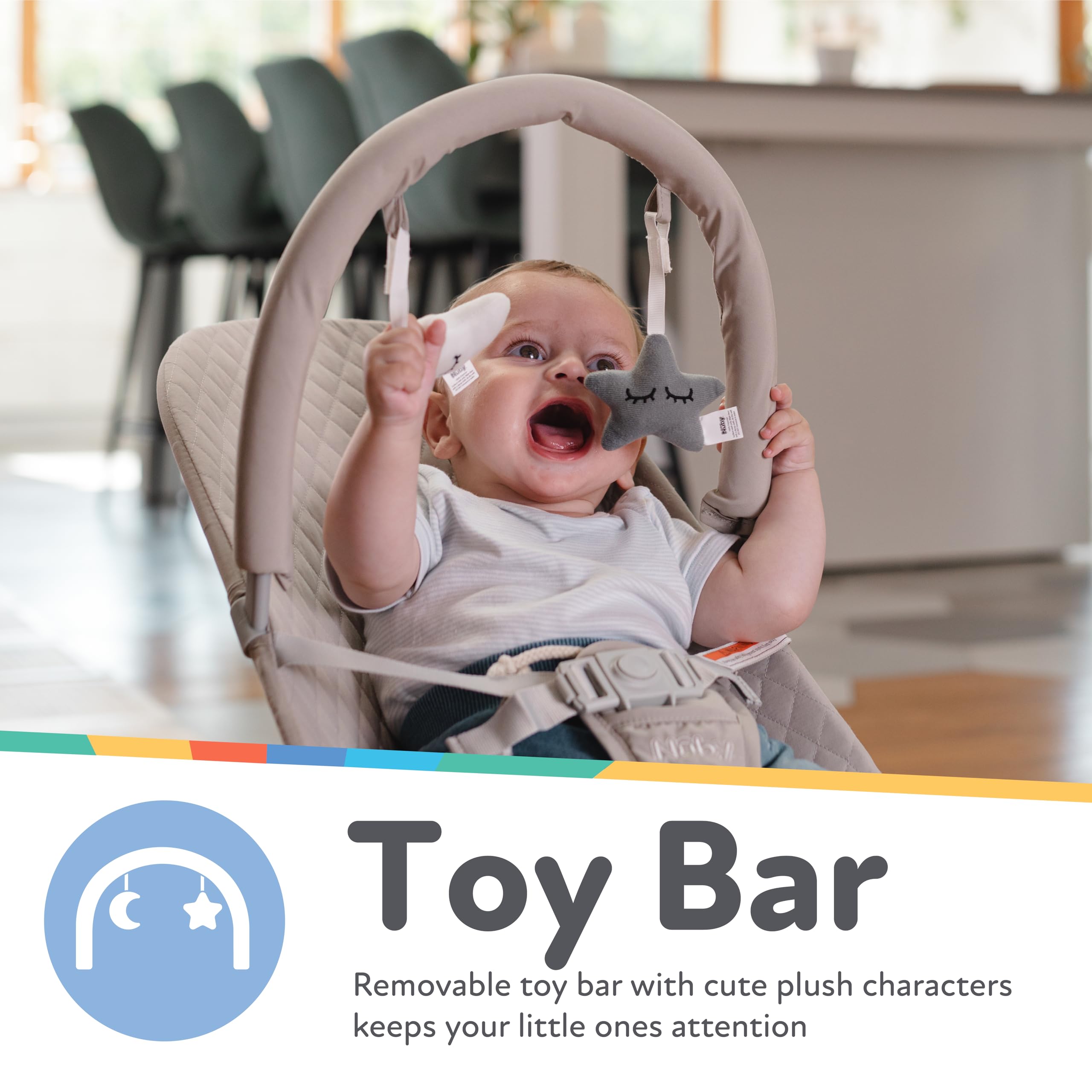 Nuby Baby Bouncer Seat - Portable Infant Bouncer with Music, Fun Sounds, and Soothing Vibrations - 0-6 Months - Beige