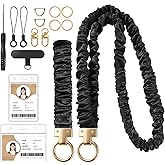 Scrunchie Lanyard with ID Holder Teacher Lanyards for ID Badges and Stretchy Scrunchie Keychain Wristlet for Women (Black)