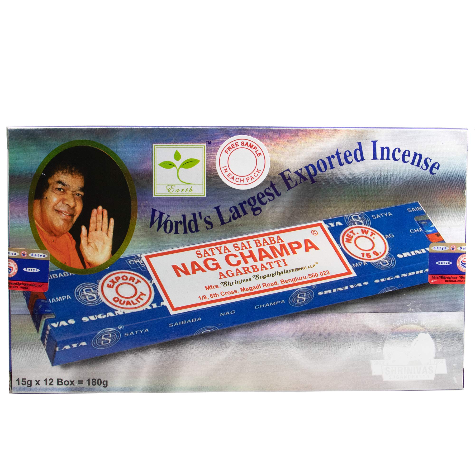 Box of 12, Satya Sai Nag Champa Agarbatti - Incense, 15gram packs - Total 180grams - Export Quality - Hand Rolled in India