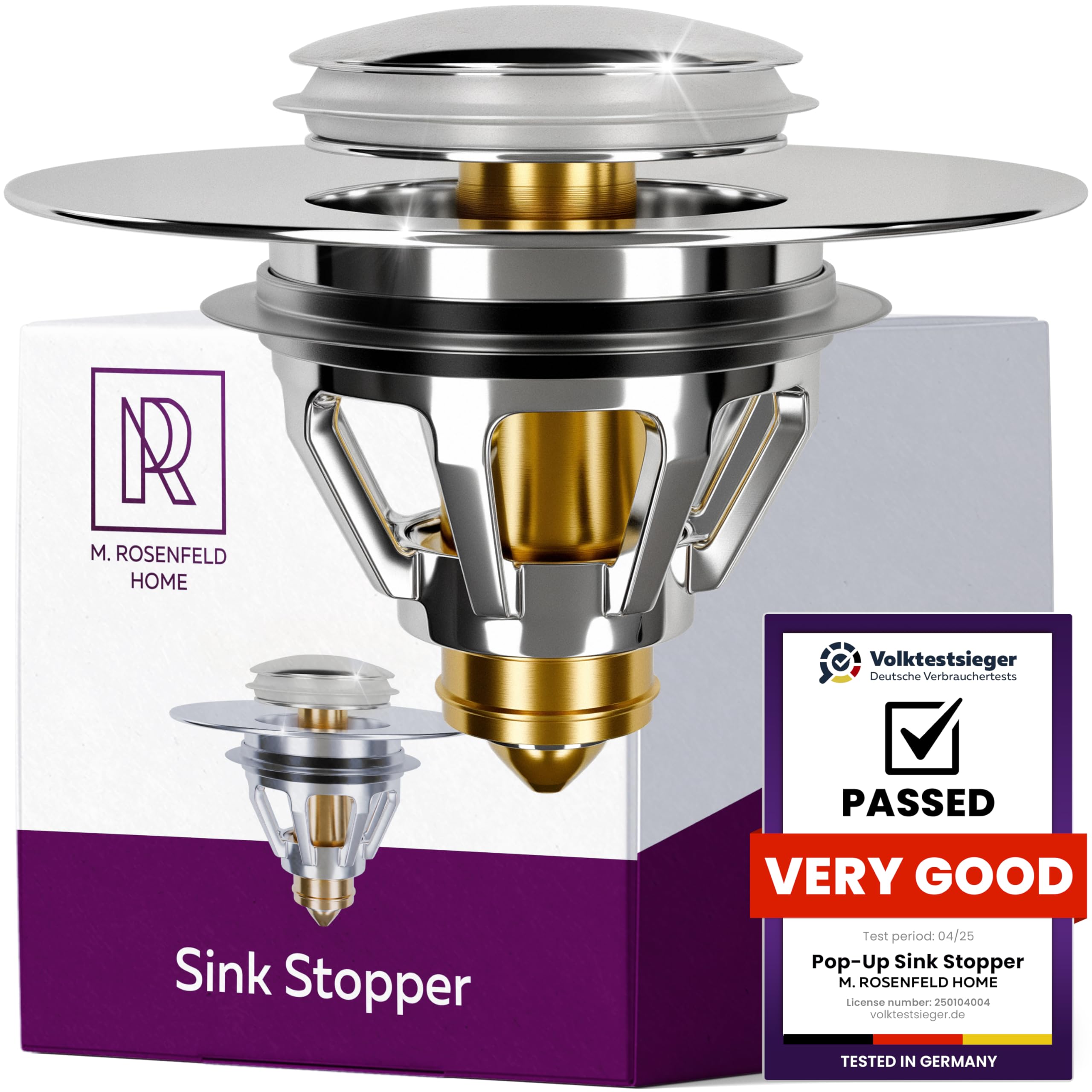 M. ROSENFELD HOME Sink Plug with Motif 40 mm - Brass Drain Plug, Height-Adjustable Eccentric Plug, Rustproof & Leak-Proof - Plug for Sink & Drain Plug