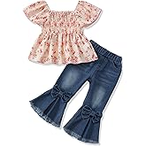 SODLON Baby Girl Clothes Toddler Girl Outfits Kids Puff Sleeve Shirt Top Flare Denim Pants Jeans Clothing for Little Girls