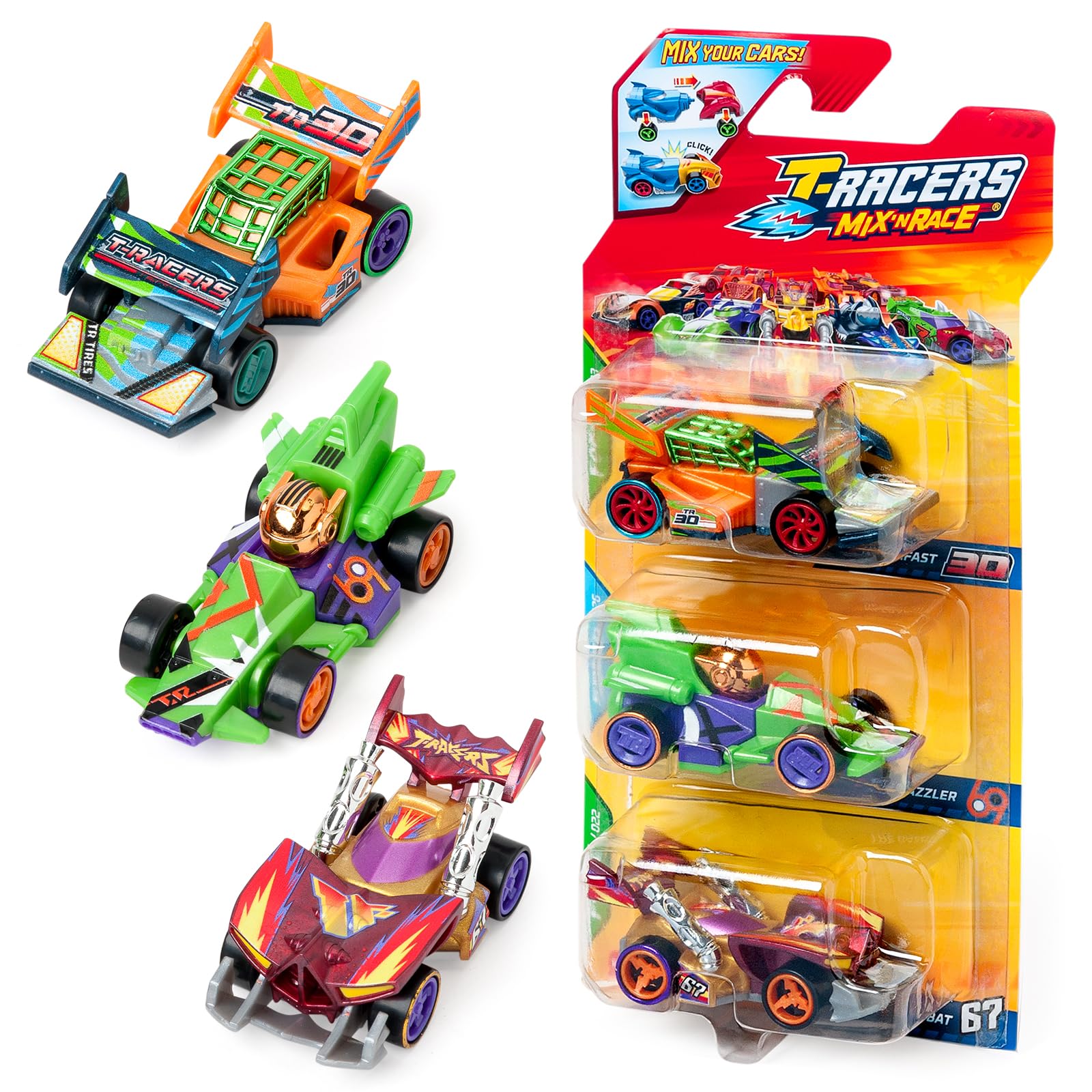 T-RACERS Mix ´N RACE 3 Pack – Pack of 3 collectible cars. Each car can be split in two with interchangeable parts and wheels. Pack 8/12