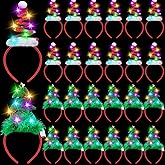 Retrowavy 24 Pcs Lighted Christmas Headbands 12 LED Christmas Tree Headpieces and 12 Santa Hat Flashing Headbands for Group Xmas Costume Accessories Holiday Party Favors