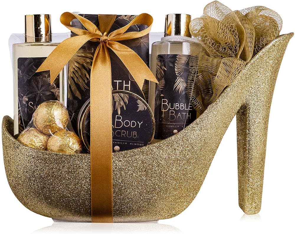 accentra Luxury Bath Set 9 Piece Gold Glitter High Heel Pumps Spa Relaxation