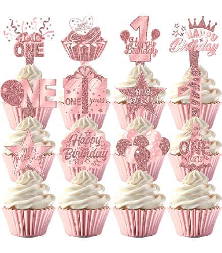 Set Of 24 Gold Glitter Number One Cupcake Toppers Kids' First Birthday Party Decors
