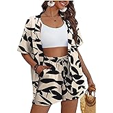 REDHOTYPE Women's 2 Piece Outfits Kimono Style Tropical Print Cover Ups Half Sleeve Blouse Shorts Set Summer Beachwear （S-XL）