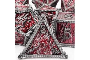 HAOMEJA DND Dice Metal Dragon Dice Set 7 Role Playing Dice D&D Solid Dice Dungeons and Dragons (Black Nickel Red)