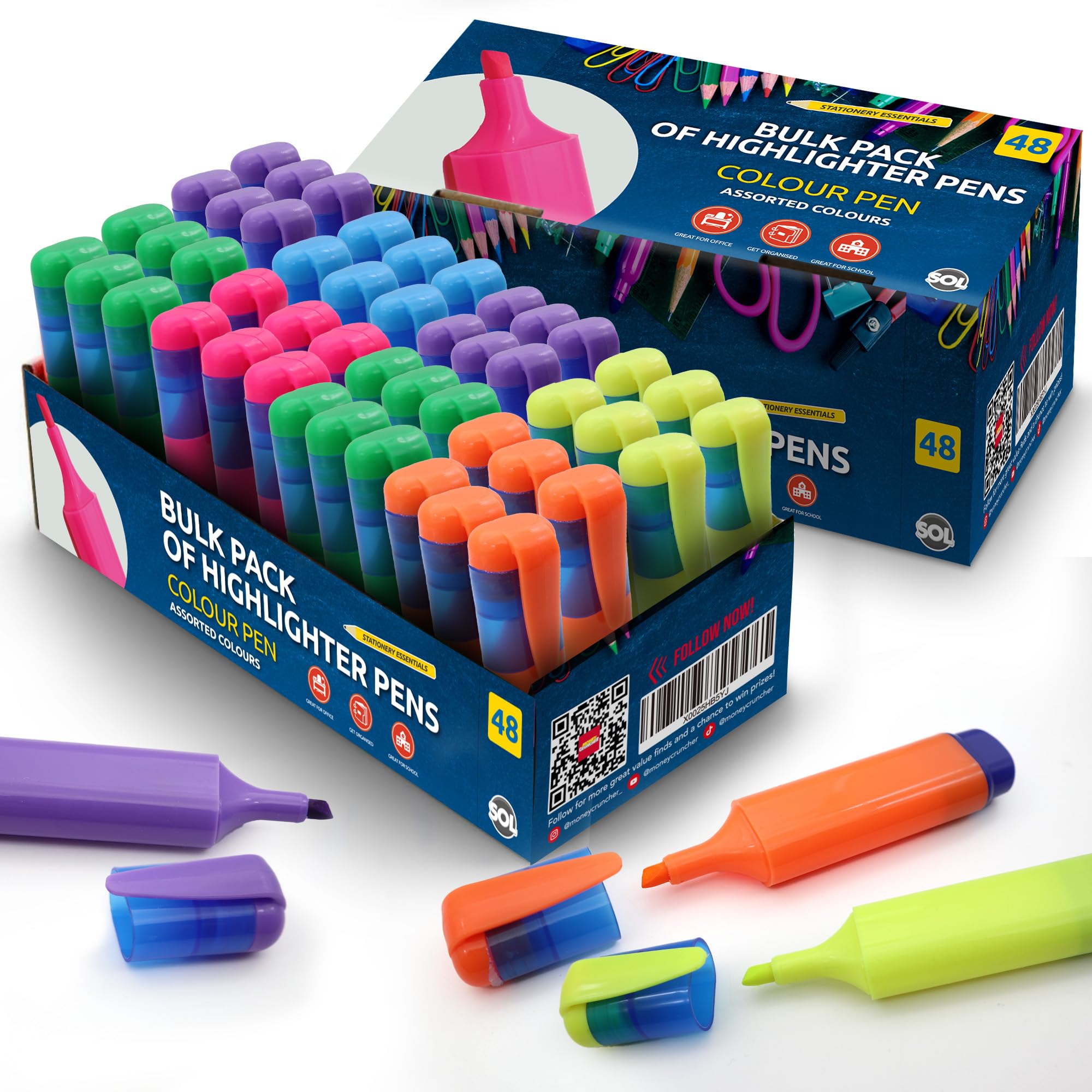 SOL 48pk Bulk Highlighter Pens Chisel Tip, Bright Fluorescent Ink Highlighters Marker Pens for Office & Study Use, Non-Bleed & Quick Drying Ideal for Planners, Diaries & Highlighting Key Points โ image 1