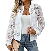 Unifizz Womens Floral Lace Bomber Jacket See Through Jacket Long Sleeve Zip Up Lightweight Outwear Coat