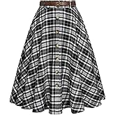 Belle Poque Women's Plaid A-line Skirt Vintage Pleated Flared Midi Skirts Fall Winter Skirts with Pockets & Belts