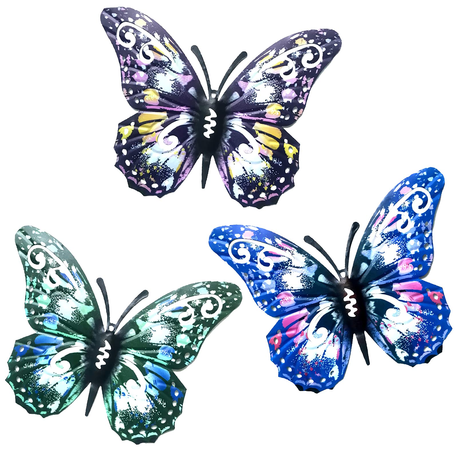 SUNNEKO Large Metal Butterfly Garden Ornaments Outdoor, Metal Wall Art Big Butterfly Decorations for Outside Garden Shed Fences Yard Decorations Wall Hanging (3 PCS)