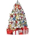 2FT Mini Christmas Tree, Snow Flocked Artificial Christmas Tree, 100 Lifelike Branches, 60 LED Lights, 58 Ornaments, 24 Inches Tabletop Prelit Small Christmas Tree for Holiday Indoor DIY Decor