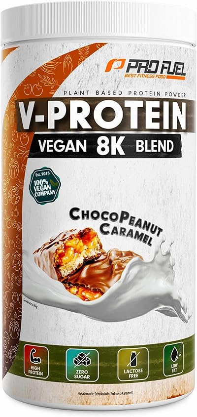 Vegan Protein – Schokolade-Erdnuss-Karamell - V-Protein 8K Blend - unglaublich lecker & cremig - aus Sonnenblume, Reis, Erbse, Hanf, Kürbis uvm. - pflanzliches Proteinpulver mit 73% Eiweiß