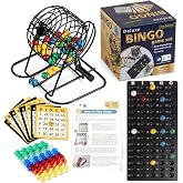 Doublefan Family Bingo Set, 75 Color Balls with Wheel Bingo Cage for Group | rotary steel bingo cage, 75 numbered balls, 50 large bingo cards, master board, colorful chips, family and party play