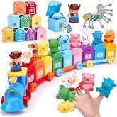hahaland Montessori Farm Train Set, Toddler Learning Toys for 2-3 Year Olds | Count, Match, Sort Unlock 9 Numbered Barns with Farm Animal Finger Puppets, Color-shape Keys Gifts Christmas Birthday