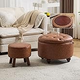 Lorflin 24Inch Round Storage Ottoman, Set of 2, Modern PU Leather Coffee Table with Removable Top, Upholstered Ottoman with S