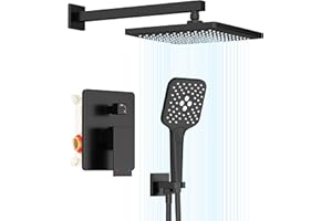 Gabrylly Shower System Black, Rain Shower Faucet Set with Pressure Balance Valve Kit，High Pressure 10" Rainfall Head with Handheld Spray Combo, Matte Black