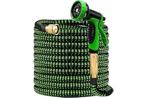 SALFORE 100ft Expandable Garden Hose - with 10-Function Nozzle - 650 PSI, 3/4" Lead-Free Solid Copper & Anodized Aluminum Fittings, Ultra-Lightweight & No-Kink-Green