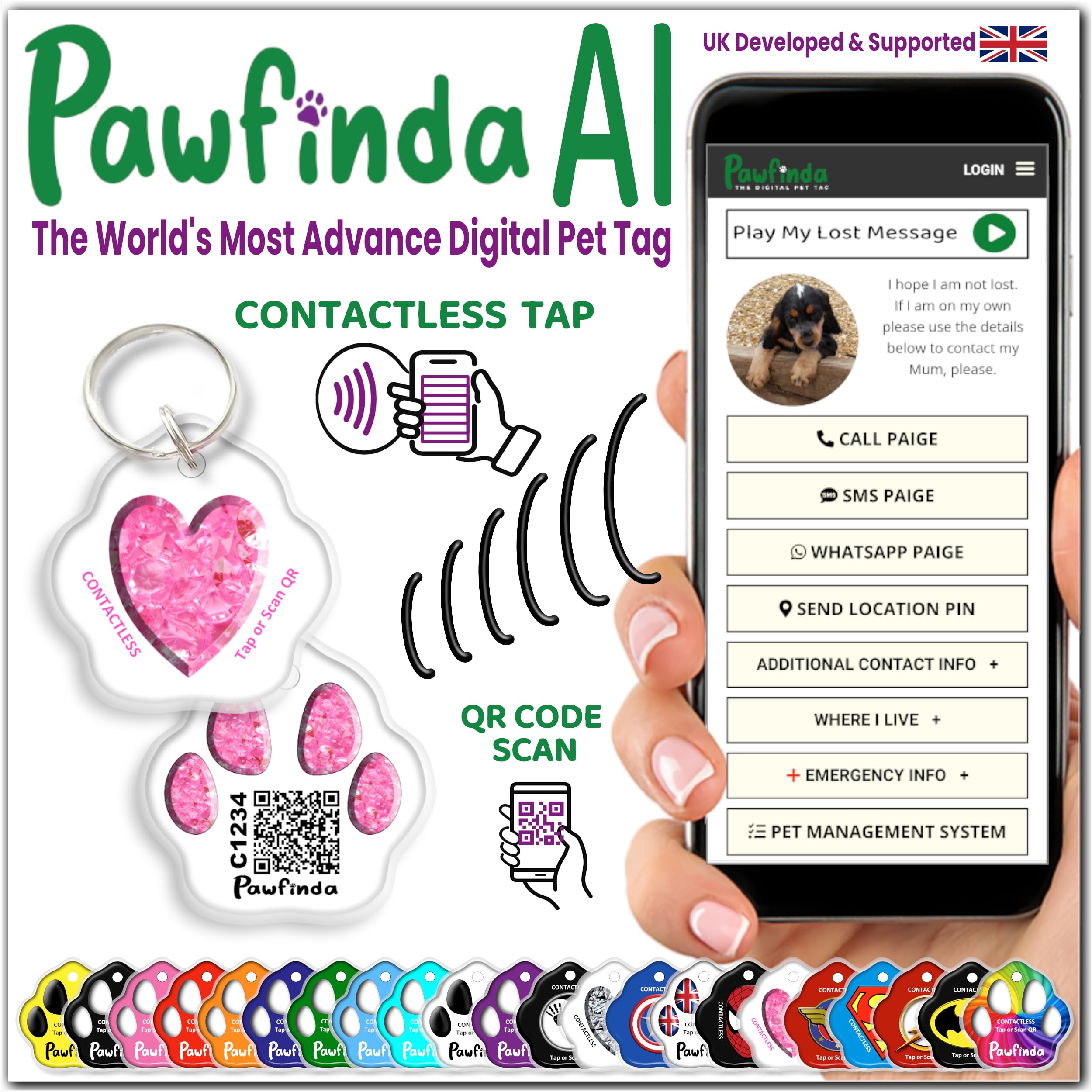 PAWFINDA – Next-Generation Personalised Cat & Dog ID Tag | Engraved Pet Tag with CONTACTLESS NFC, QR Code Technology & PawVoice AI | No App Required | Waterproof & Durable | UK-Based Support