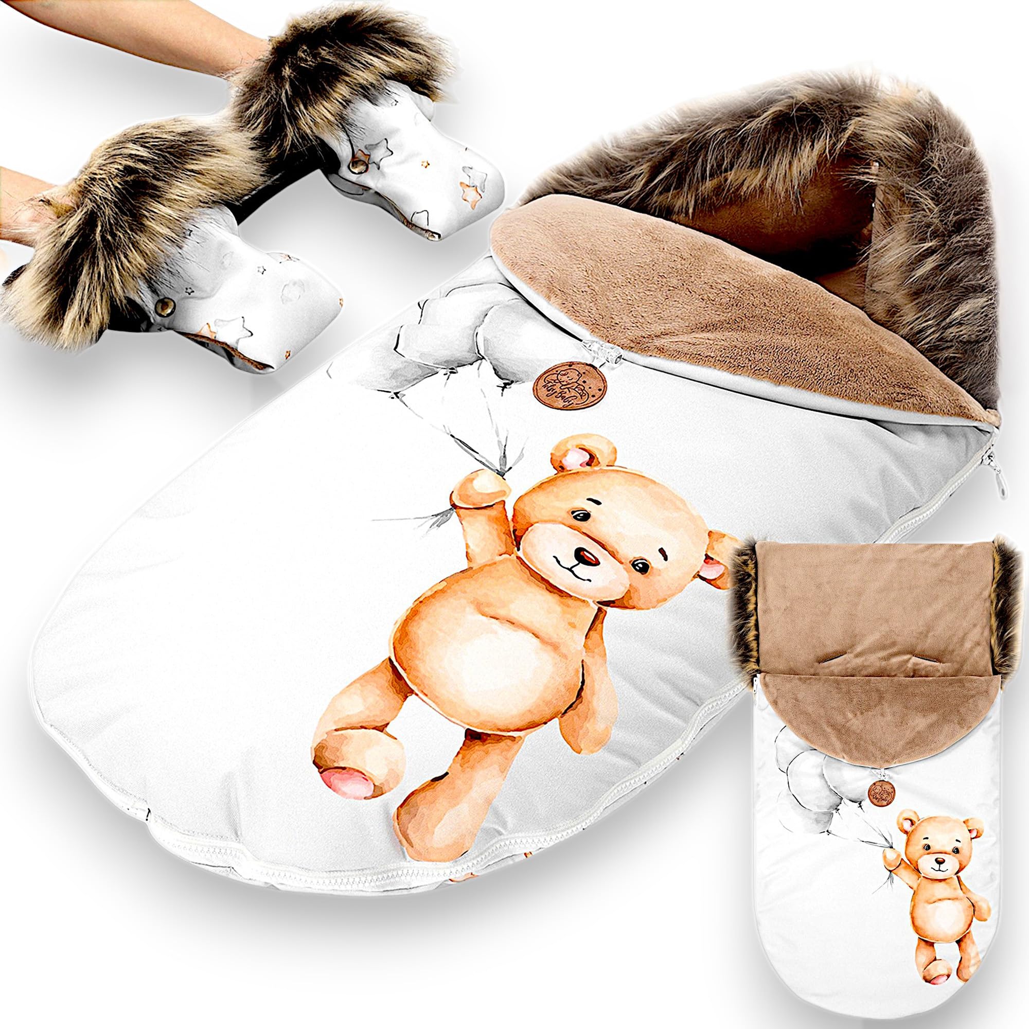 Fußsack Kinderwagen und Buggy für Winter Premium Set 90x45 cm - Fusssack Winterfußsack warme Einlage Einschlagdecke Baby Zubehör mit extra Handschuhen Teddybären