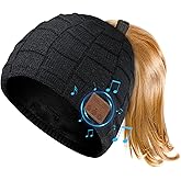 Bluetooth Beanie for Women with Ponytail Hole Wireless Knitted Beanie Hat with Bluetooth Headphones Built in Microphone, Winter Warm Hat Stocking Stuffers Black