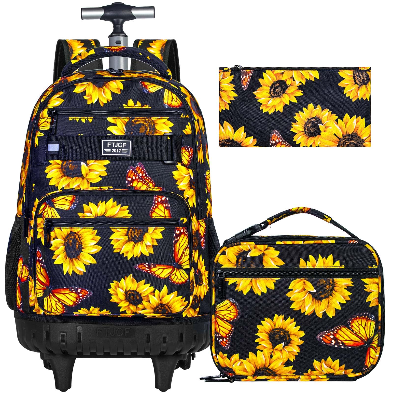 Photo 1 of ZLYERT 3Pcs Rolling Backpack for Girls Women, Travel Roller Backpacks with Wheels for Adults, Teens College Sunflower Wheeled Bookbag with Lunch Box(Yellow)