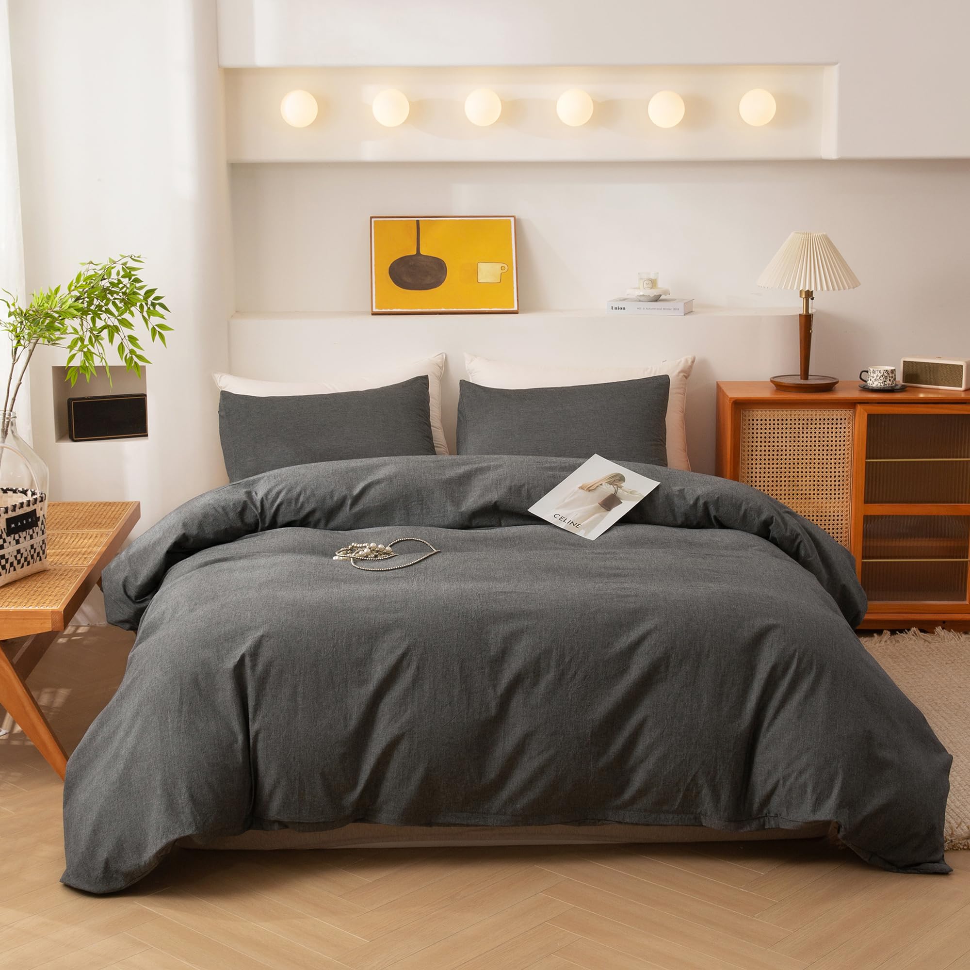 Photo 1 of ECOCOTT Grey Duvet Cover Super Queen Size - 100% Washed Cotton Durable Soft Comfy Duvet Cover Set, 3 Pieces Duvet Cover with Zipper Closure (Grey, 98''x90'')