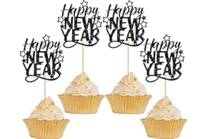 EPHLYN 24Pcs Happy New Year Cupcake Toppers 2026 Gold Glitter Cheers to 2026 Cupcake Pick Decorations for 2026 Happy New Years Eve Party Decoration Supplies Black