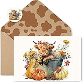 Whaline 24 Pack Fall Greeting Card Highland Cow Pumpkin Floral Blank Note Card with Envelopes Matching Seal Sticker for Autumn Thanksgiving Party Favor Supplies, 4 x 6 Inch