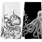 XNXLDYLH Coastal Octopus Decor Dish Hand Tea Towels for Bathroom Kitchen, Octopus Ocean Nautical Beachy Bathroom Decor, Black and White Coastal Nautical Kitchen Towels and Dishcloths Sets of 2,16x24In