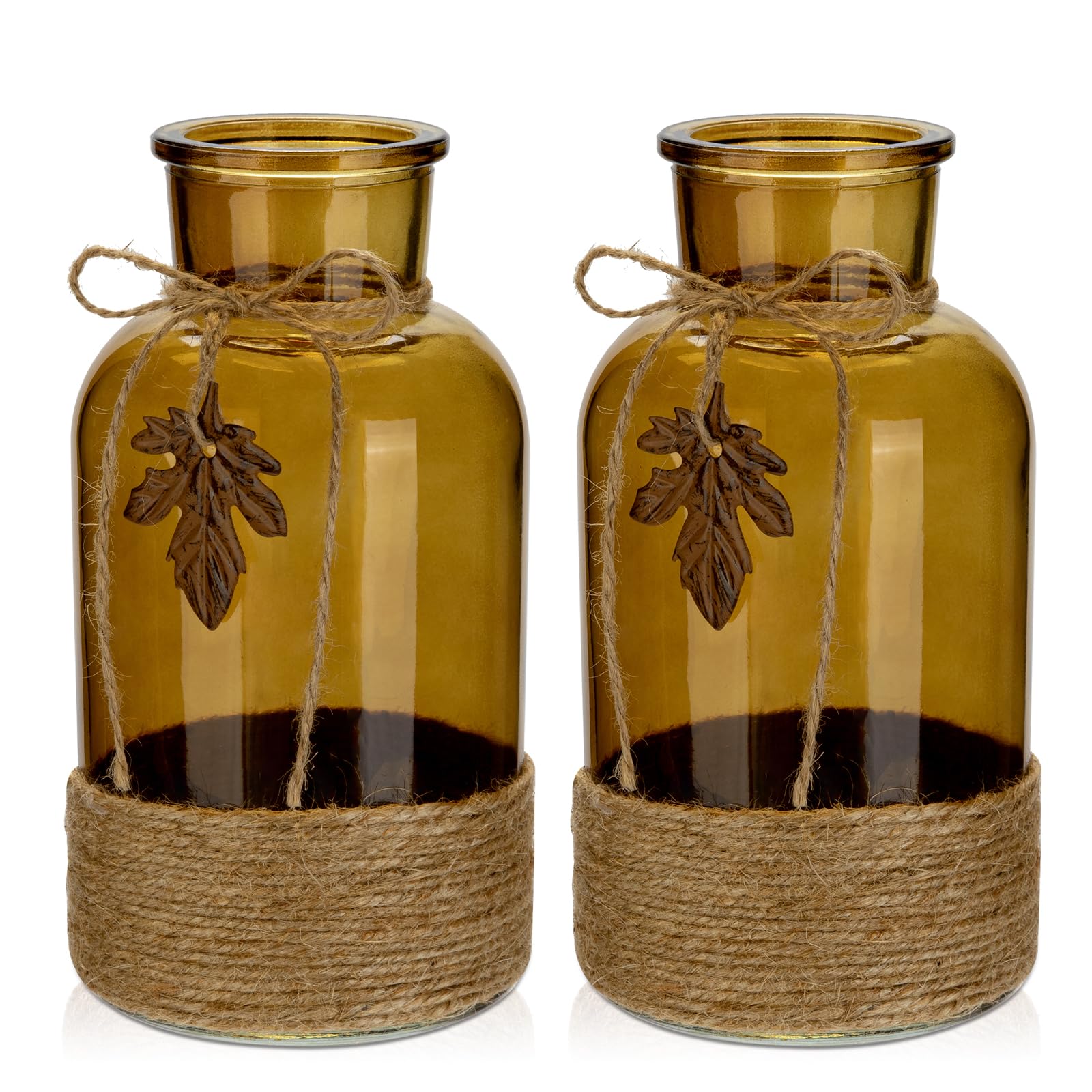 Briful 20cm Tall Glass Flower Vases Wrapped with Jute Rope, 2 PCS Large Amber Glass Vase with Realistic Maple Leaf Crystal Vase for Flowers Bud Vase for Table Decoration