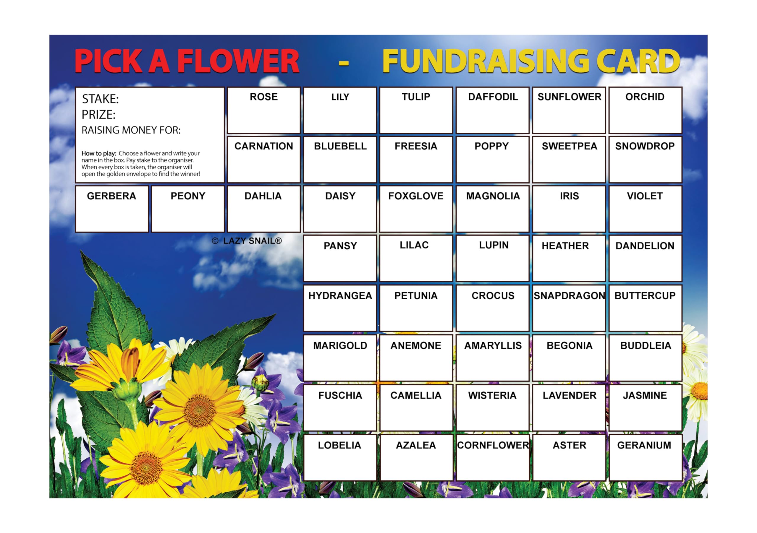 Lazy Snail ‘Pick a Flower’ Fundraising Cards – Pack of 8 (45 Squares per Card) – Fun Golden Winner Envelopes – Full Colour A4 Charity Fundraising Game for Schools, Clubs & Community Events (30x21cm)