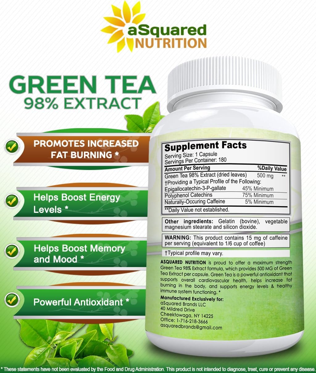 Green Tea Extract Supplement with EGCG 180 Capsules Max Potency