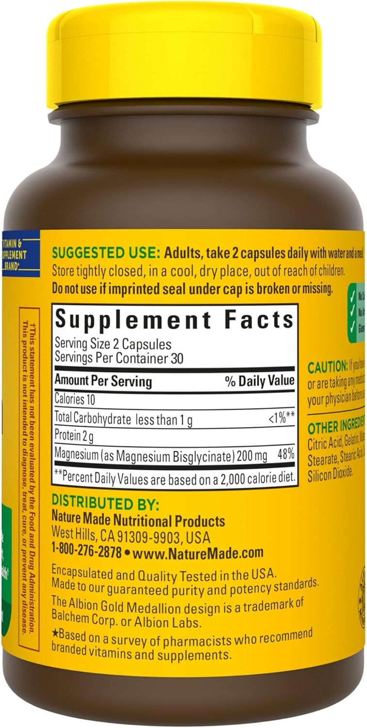 Nature Made High Absorption Magnesium Glycinate 200 mg, Supports Muscle Relaxation, Heart, Nerve, and Bone Health, Gentle on The Stomach, 100% Chelated, 60 Capsules: Health & Personal Care