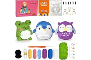 PIPAPI Crochet Kit for Beginners, 3 Pattern Animals-Owl, Penguin, Frog, Knitting Kit for Adult Kids with Step-by-Step Video Tutorials and Yarns, Hook, Accessories