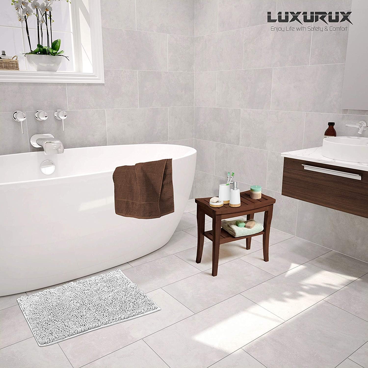 LuxUrux Bath Mat-Extra-Soft Plush Bath Shower Bathroom Rug,1'' Chenille Microfiber Material, Super Absorbent Shaggy Bath Rug. Machine Wash & Dry (15 x 23, White): Home & Kitchen