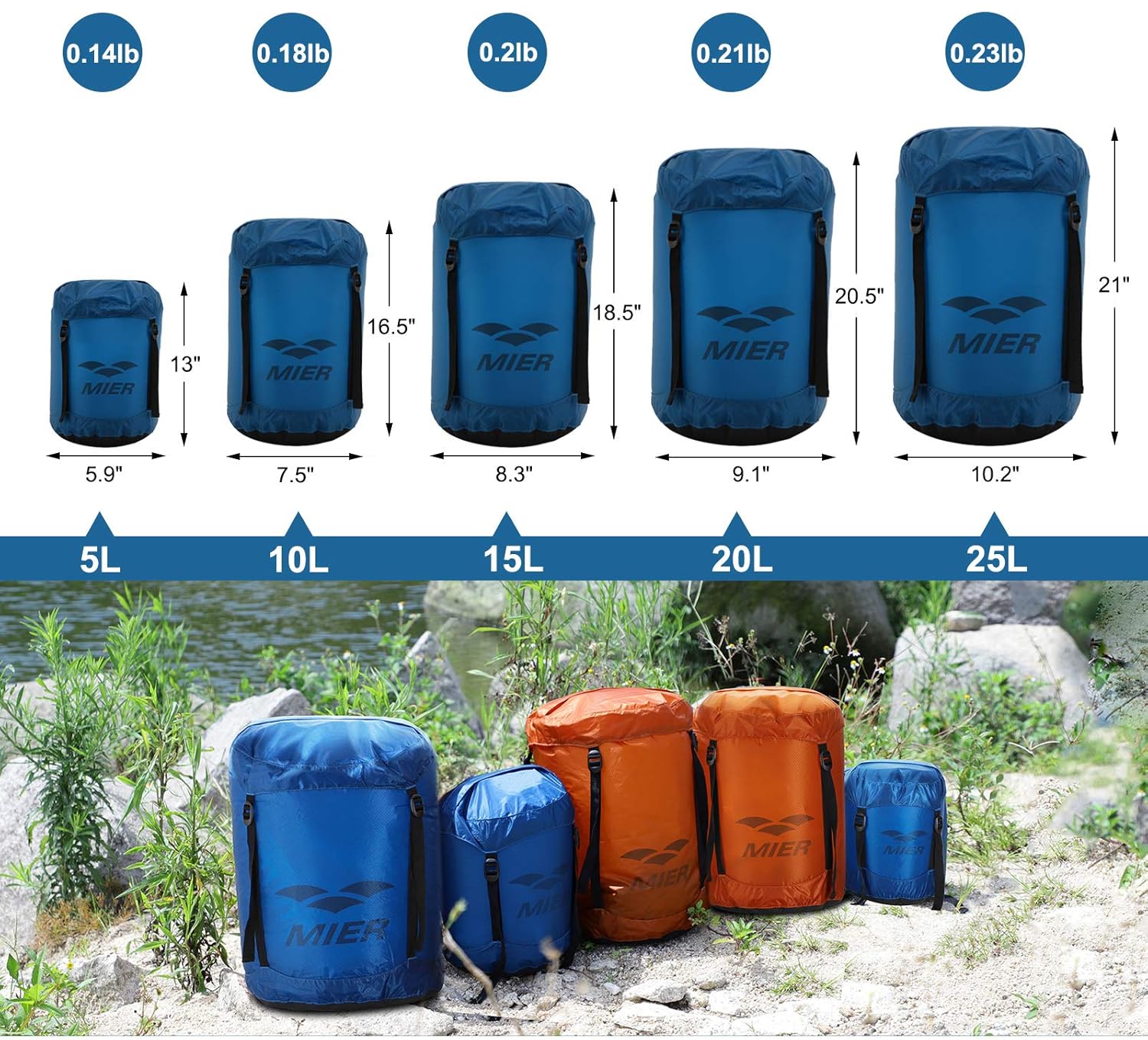 15L 10L 5L 25L Kayaking Outdoor Sports Camping 20L MIER Waterproof